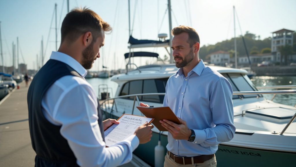 Two men reviewing marine survey documents beside a yacht at the marina, discussing preliminary vs. full boat inspection options.