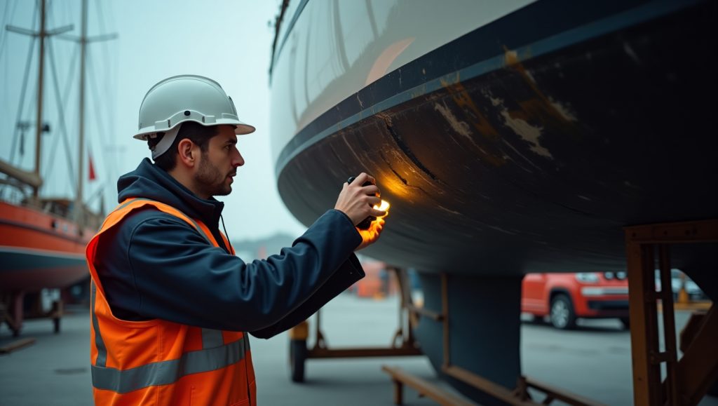 Marine surveyor in safety gear inspecting the underside of a boat hull with a flashlight during a professional maintenance survey to prevent damage.
