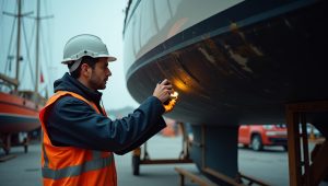 Marine surveyor in safety gear inspecting the underside of a boat hull with a flashlight during a professional maintenance survey to prevent damage.