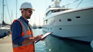 Marine surveyor inspecting a yacht with clipboard during a condition and valuation survey, ensuring safety, value, and investment protection before purchase.