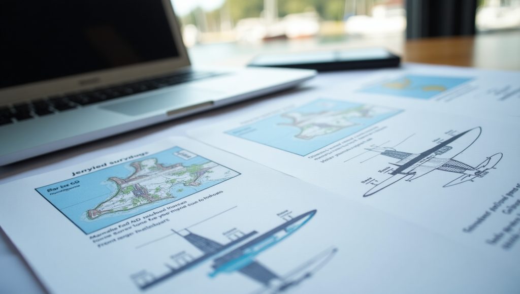 Close-up of a detailed marine damage survey report with diagrams and notes on a desk beside a laptop, representing boat inspections and repair planning.