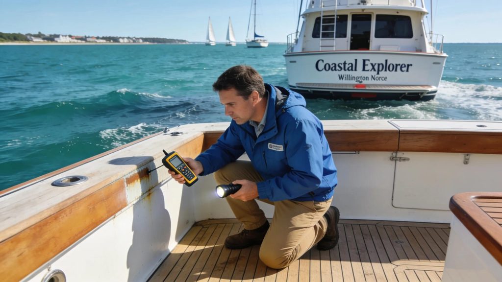 Marine surveyor evaluating a boat in Wilmington NC, emphasizing maritime safety and compliance