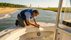 Professional marine surveyor inspecting a boat in North Carolina