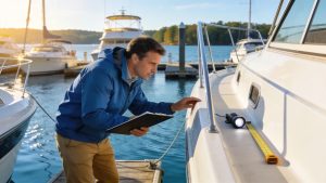 Marine surveyor inspecting a boat at Lake Norman, showcasing the importance of pre-purchase surveys in Charlotte, NC