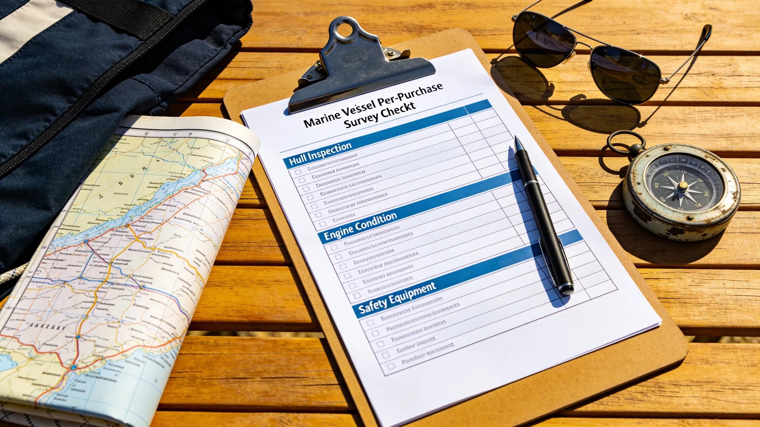 Close-up of marine vessel pre-purchase survey checklist with inspection tools on a sunny day