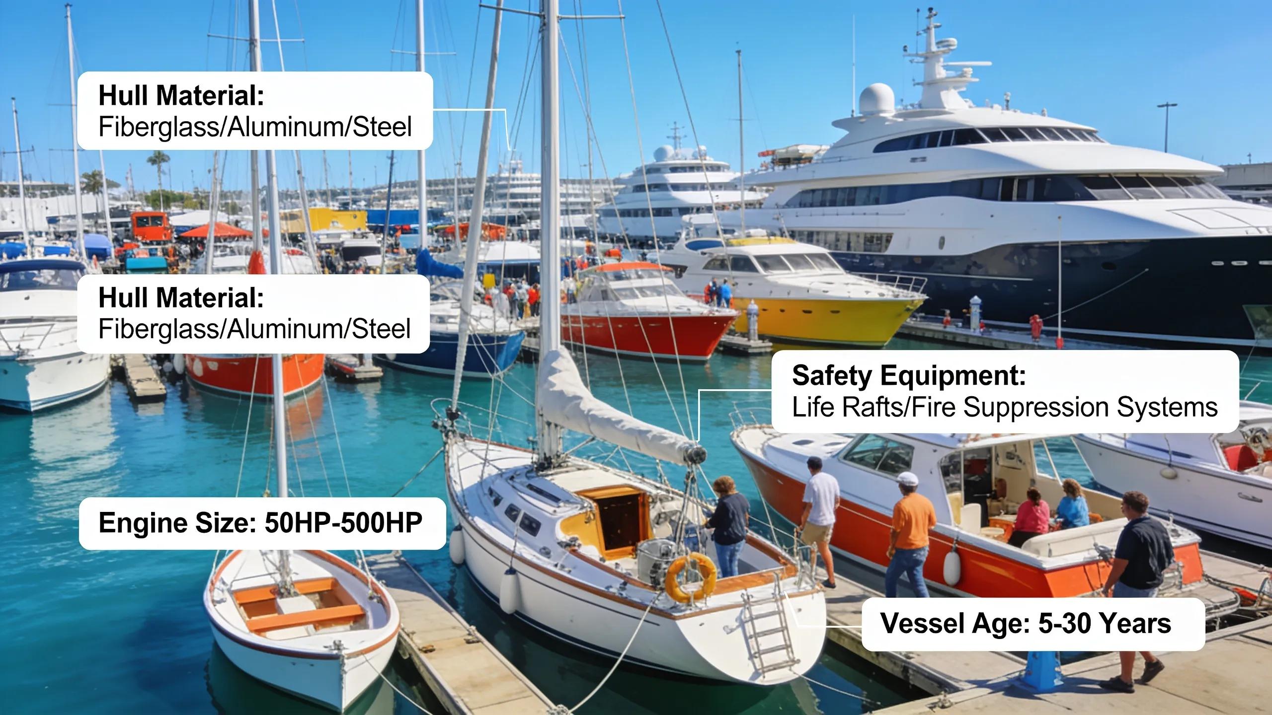 Diverse boats at a marina, representing the various factors influencing marine survey pricing