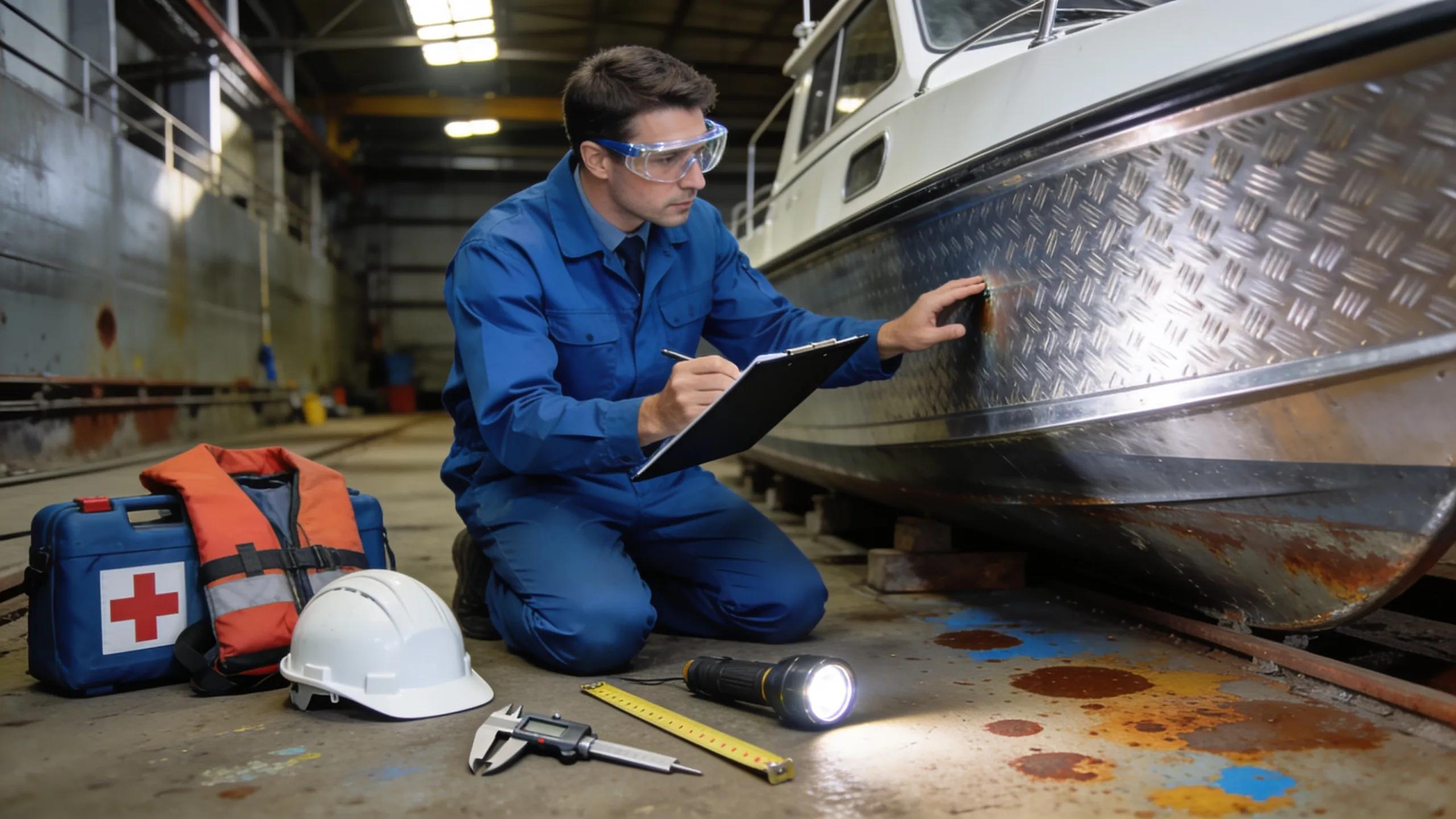 Marine surveyor conducting inspection on boat, highlighting the process of obtaining a marine survey report